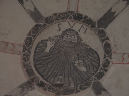 Fragment Ridala kiriku altariruumi 1300. aastast pärit maalingutest: Jumala Isa kujutis.