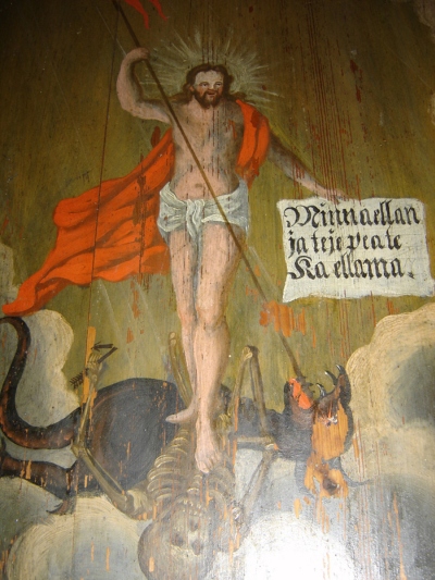 Jeesuse ülestõusmine, detail. 17. saj.  Varbla kiriku vana altaripilt. 4 x Sirje Simson 2 x Tallinna Kultuuriväärtuste Ameti arhiiv