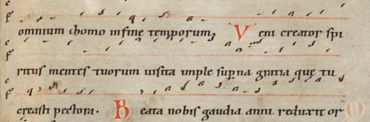 Fragmenta Sequentiarum; 11.–12. sajand; Einsiedeln, Stiftsbibliothek, Codex 366(472); foolio 43, read 3–5.